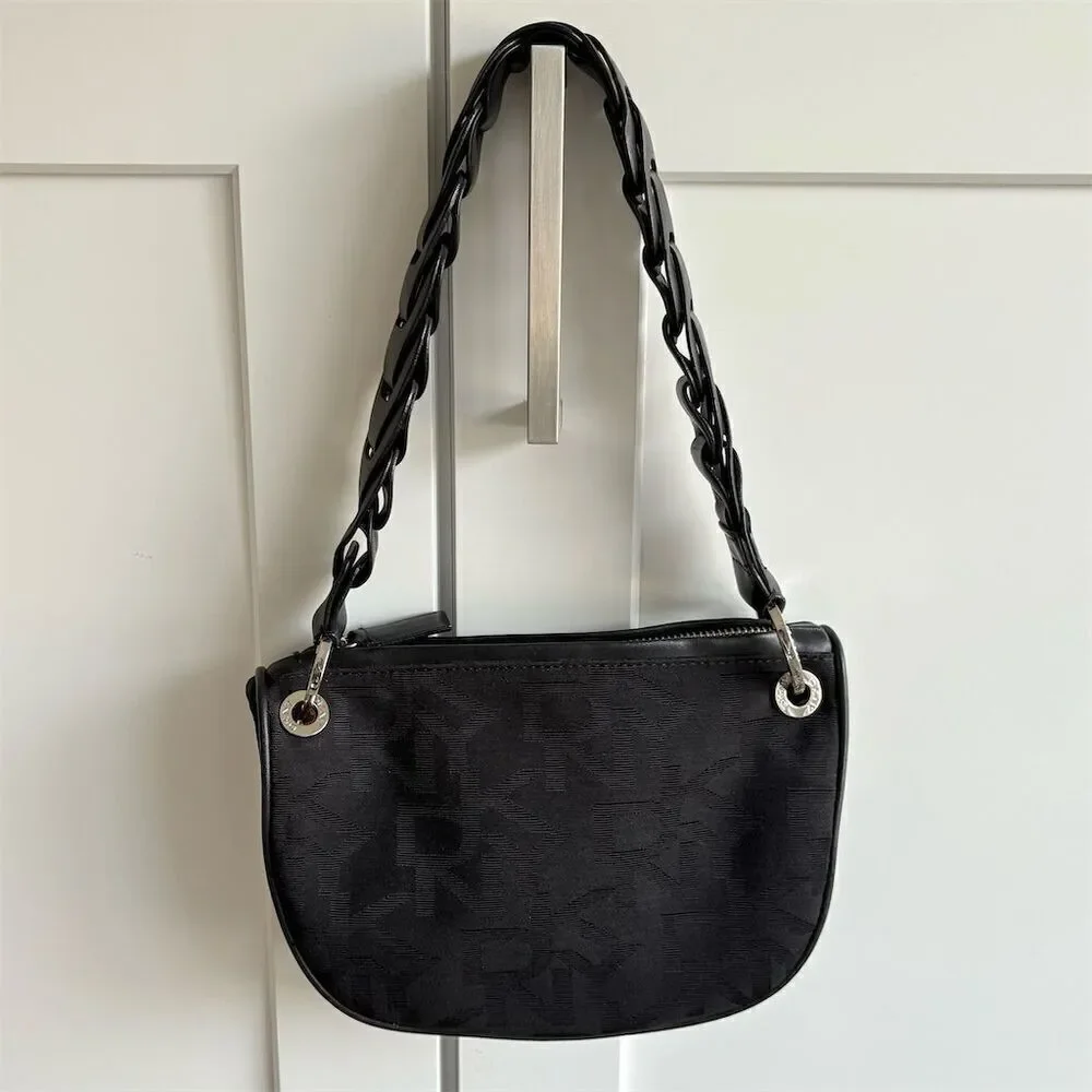 Y2K DKNY Women's Black Monogram Canvas Shoulder Bag Small Handbag
